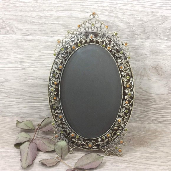 Ornament Oval Photo Frame Decorative Jeweled Photo Display Stones Floral Pattern - Picture 3 of 13